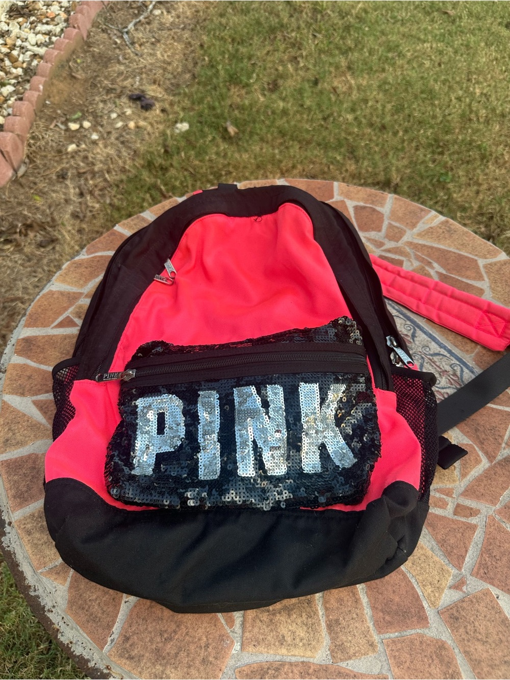 PINK Victoria's Secret Black & Bright Pink Sequin Logo Backpack